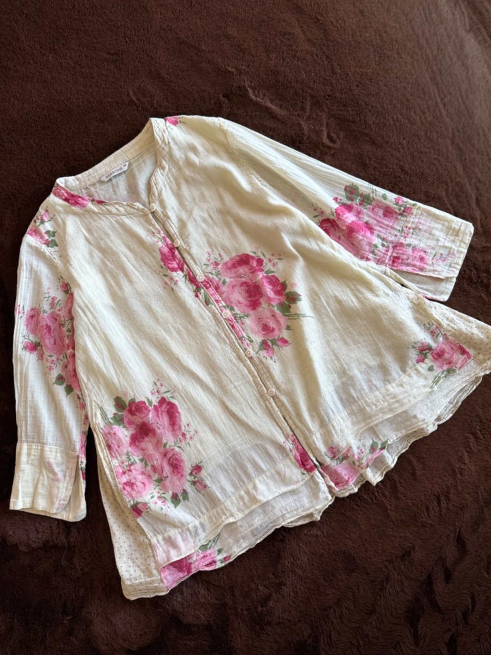 Floral Button-Front Top in White with Pink Roses